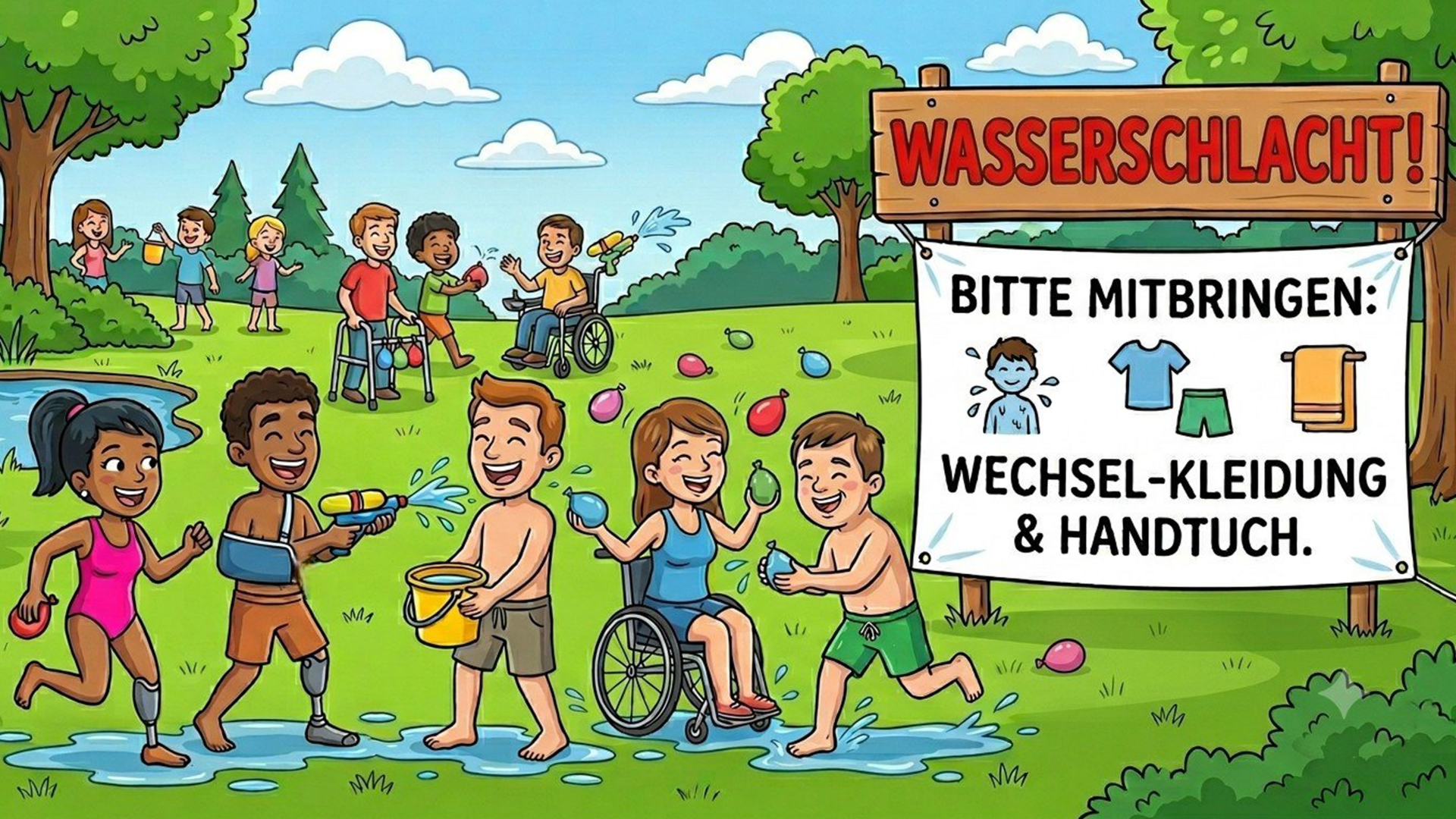 Menschen mit Behinderung veranstalten eine Wasserschlacht