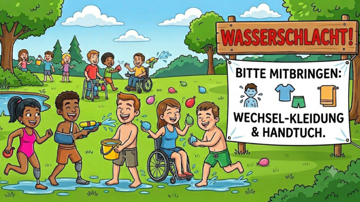 Menschen mit Behinderung veranstalten eine Wasserschlacht